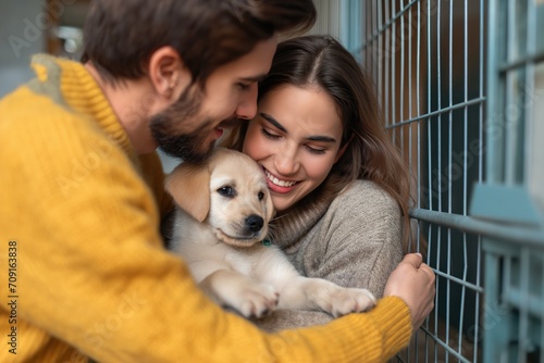 Joyful young couple Sharing a Moment with  Newly adopted Puppy in the dog's shelter photo
