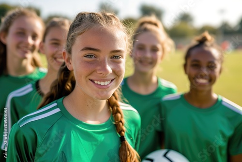 A portrait of a confident, smiling young female football player in green jersey, with her teammates in the background, showing unity and positive team dynamics