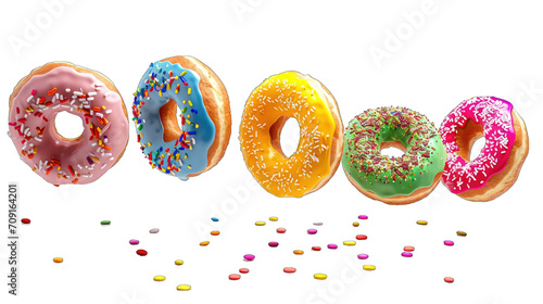 Colorful donuts with sprinkles, floating in air, transparent background