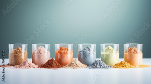 A lineup of various colorful nutritional supplement powders in clear measuring cups on a neutral backdrop. photo