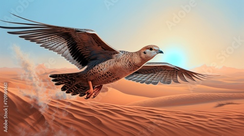 Amidst the dunes, a majestic sandgrouse takes flight, its plumage blending seamlessly with the desert hues. photo