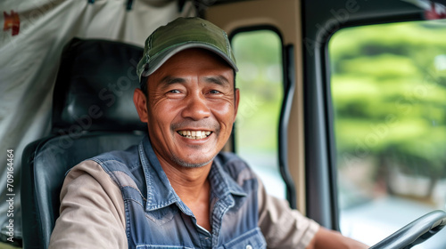 The Asian truck driver smiled happily inside the front of the truck. He is the owner of a shipping business that starts a new business and is growing. © Sasint