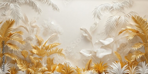 Fototapeta Luxurious Golden and White Jungle Motif 3D Wallpaper Illustration