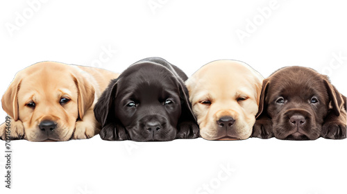 Group of Labrador Retriever puppy dogs  in various colors  yellow  black and chocolate . Isolated