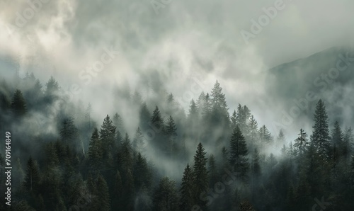 Misty Enchantment: Textured Forest & Mountain Vistas - Atmospheric Landscape Painting photo