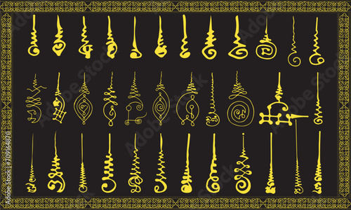 Thailand talisman set. Thai ancient traditional tattoo,Sak yant thai. Unalome symbol, Hindu or Buddhist sign representing path to enlightenment. Yantras Tattoo icon. Simple. isolated vector. Gold.