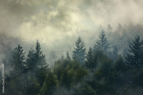 Mystical Fog-Enshrouded Forest Scene: Textured Organic Landscape and Mountainous Vistas Artwork
