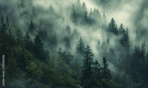 Enigmatic Fog-Enshrouded Forest: Textured Organic Landscape Paintings with Mountain Vistas photo