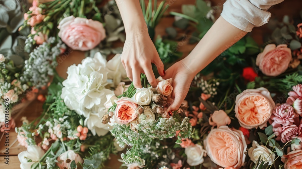 Florist's hands skillfully arranging a variety of colorful fresh flowers, creating a beautiful floral bouquet.. - obrazy, fototapety, plakaty 