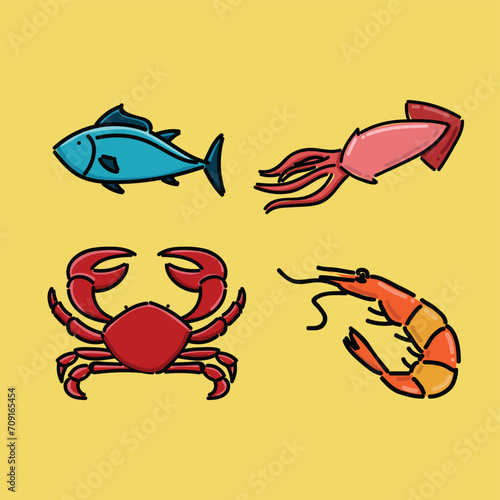 Cartoon seafood. Fresh fish, crab and tuna. Raw products for shop or restaurant. Healthy food as shrimps and squids for delicacy dishes. Aquatic creatures for market vector set