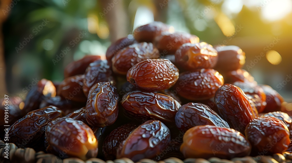Obraz premium Dates fruits in a basket on a background of palm leaves.