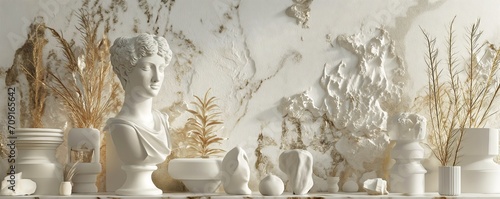 Ancient Greek Elegance: White and Gold Ceramic Tile Wallpaper with Antique Sculpture Motifs