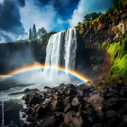 A rainbow over a waterfall in a tropical paradise.