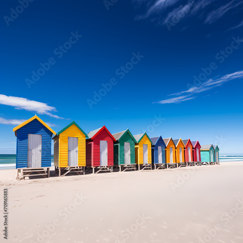 A row of colorful beach huts against a clear blue sky.