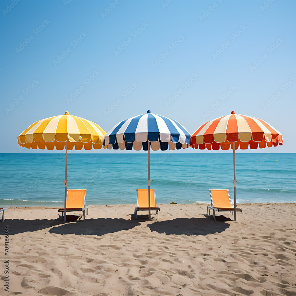 A row of colorful beach umbrellas on the shore.