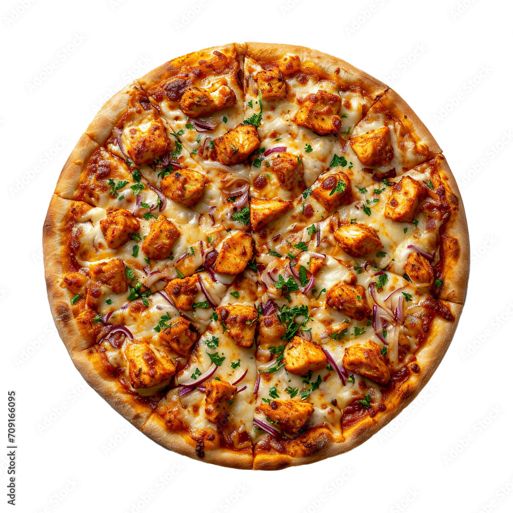 Cheese chicken tikka pizza isolated on transparent background Cheese chicken tikka pizza isolated on transparent background