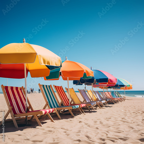 A row of colorful beach umbrellas on the shore.