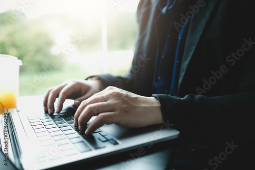 Woman hands typing on computer keyboard closeup, businesswoman or student using laptop panoramic banner, online learning, internet marketing and freelance work concept.