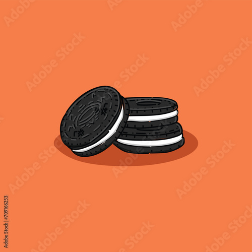 Cookies sandwich cream in Chocolate flavour. Vector chocolate sandwich cookies print. Cute food texture. Delicious cake breakfast poster. Chip double chocolate biscuits. Baking menu decoration