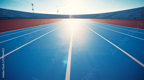 aerial view photography of a a blue running track with the sun reflecting on it created with Generative Ai © Andrii Yablonskyi