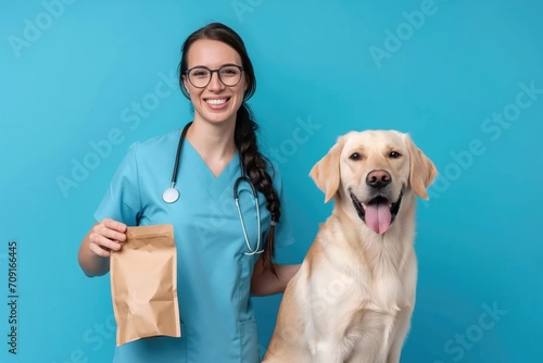 A smiling veterinarian in scrubs presents a pet food package while embracing a happy dog against a blue background.. photo