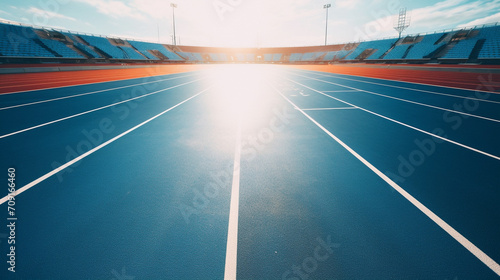 aerial view photography of a a blue running track with the sun reflecting on it created with Generative Ai