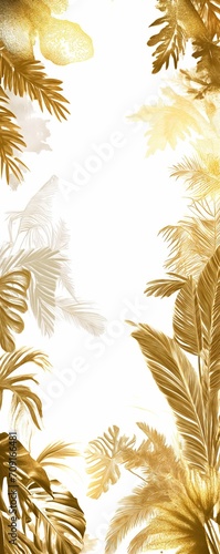 Golden Jungle Elegance: White and Gold Tropical Foliage Illustration Wallpaper Design
