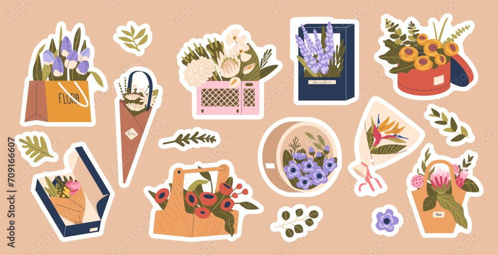 Set of Stickers with Vibrant Blossoms, Adorned With Elegant Wrapping, Create A Delightful Bouquet, Vector Patches Set