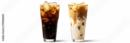 Black Ice Coffee and Ice Latte with Milk in Tall Glasses, Isolated on White Background