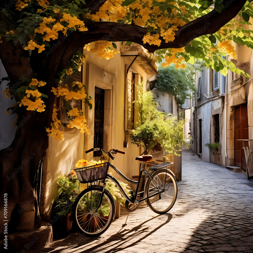 A bicycle leaning against a tree in a charming alley.