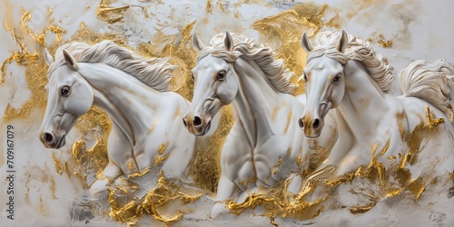 Luxurious White and Gold Horse Illustration: Elegant Oil-Style Wallpaper Design