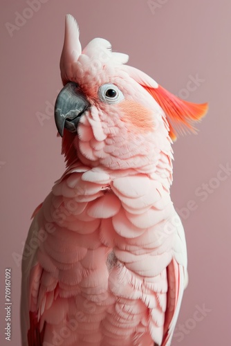 A close-up of a stunning pink cockatoo with its crest raised, posing against a soft pastel pink background.. © netrun78