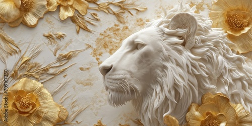 Regal Lion in Savannah: Exquisite White and Gold Wallpaper Illustration with Sculpted Aesthetic