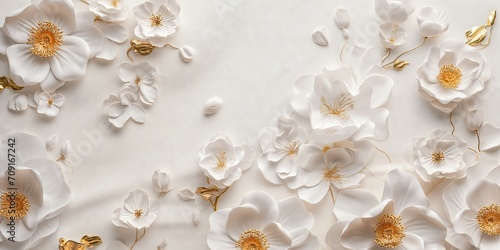 Elegant 3D Floral Wallpaper Design in White and Gold with Sculptural Aesthetics on a Pure Background