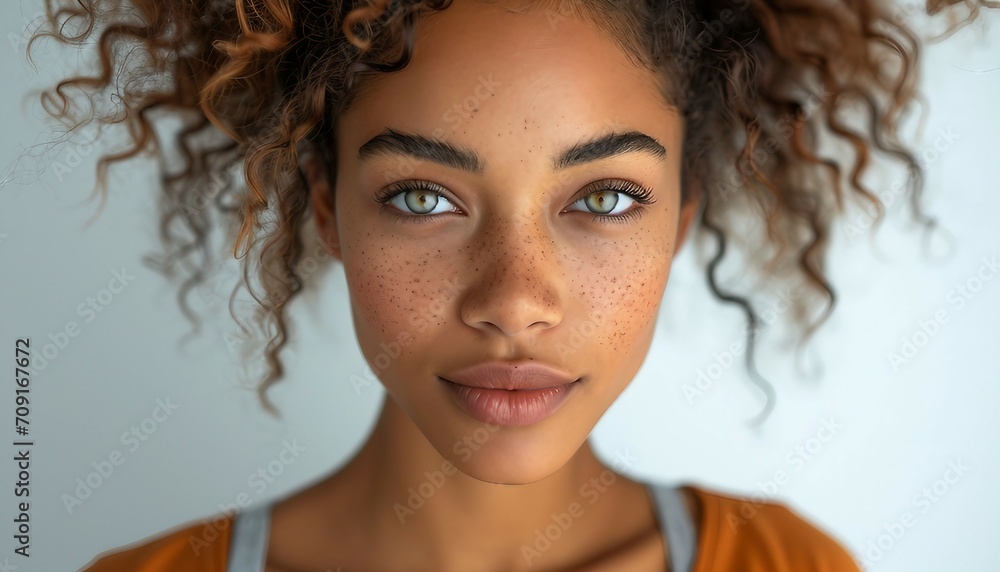 Young african woman wearing casual orange t shirt looking at the camera, African, Woman, Young. Young african woman wearing casual orange t shirt looking at the camera, African, Woman, Young.