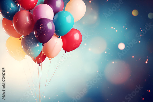 colorful shiney balloons on blue background best for celebration, birthday ,