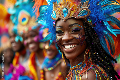 Carnaval de Río de Janeiro en Brasil: Personajes vibrantes, con vestimentas muy coloridas y danza en un desfile de carnaval, personas sonrientes, colores muy saturados photo