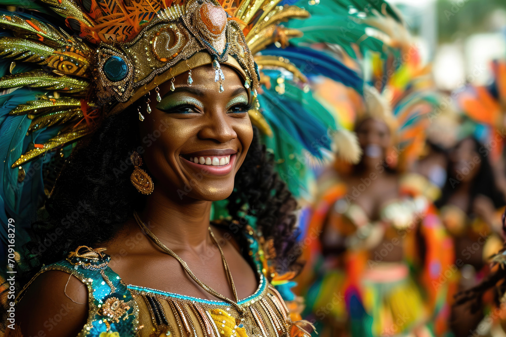 Carnaval de Río de Janeiro en Brasil: Personajes vibrantes, con vestimentas muy coloridas y danza en un desfile de carnaval, personas sonrientes, colores muy saturados
