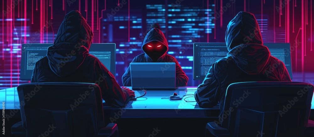 Criminal hackers creating illicit software to breach laptops and access unauthorized databases at night. Criminal hackers creating illicit software to breach laptops and access unauthorized databases at night.
