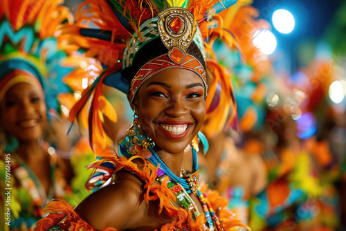 Carnaval de R  o de Janeiro en Brasil  Personajes vibrantes  con vestimentas muy coloridas y danza en un desfile de carnaval  personas sonrientes  colores muy saturados