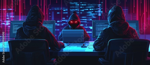 Criminal hackers creating illicit software to breach laptops and access unauthorized databases at night. photo