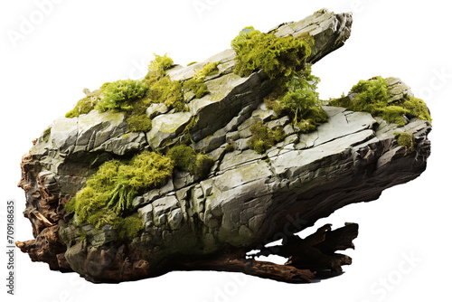 Rock covered with moss, grass and other plants isolated against transparent background