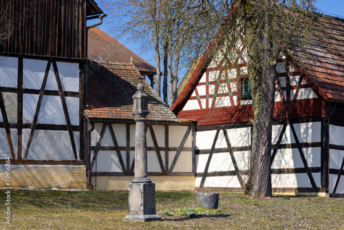 Half-timbered farmhouse, folk architecture in Doubrava, Western Bohemia, Czech Republic photo