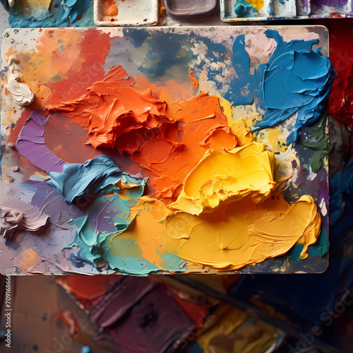 Close-up of a painter's palette with mixed colors.