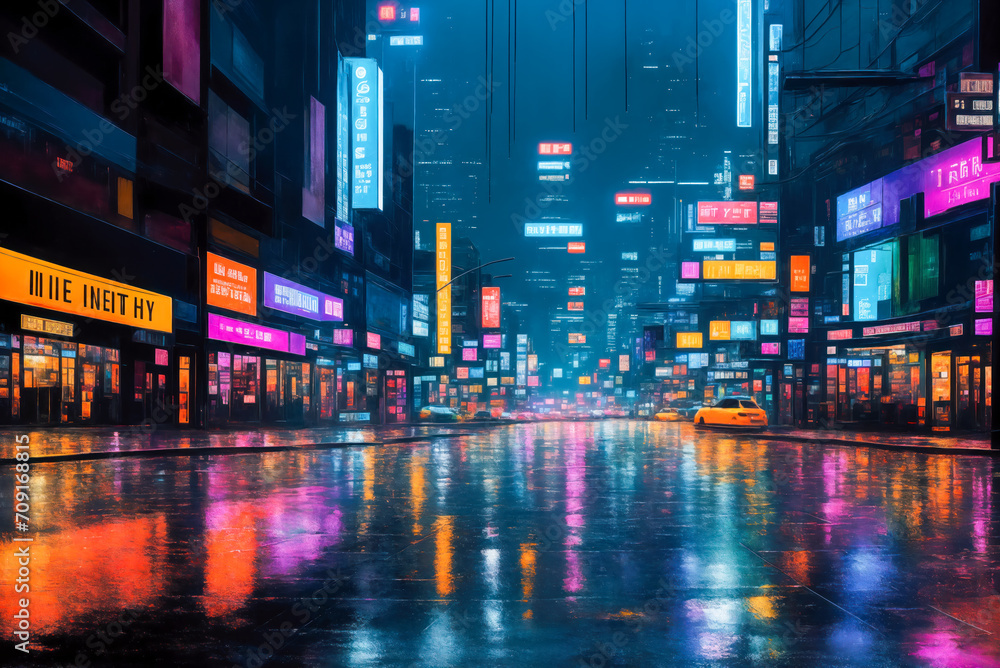 Night city in neon lights. Abstract illustration with large brush strokes