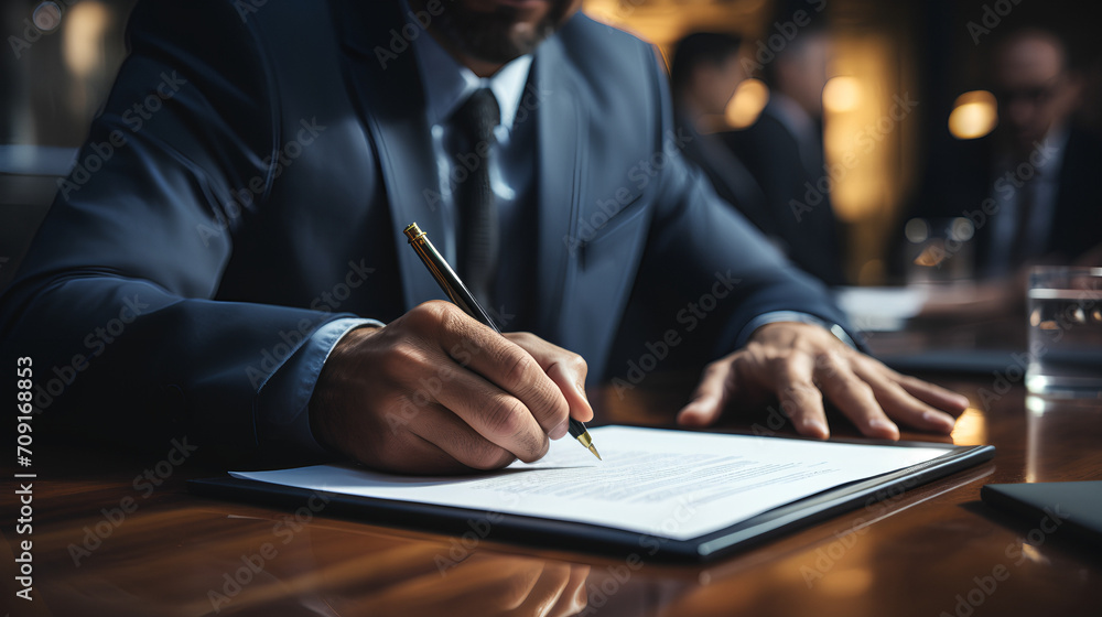 Businessman signing a contract - close-up shot - legal document - - formal agreement - binding document Businessman signing a contract - close-up shot - legal document - - formal agreement - binding document