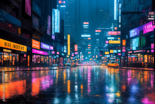 Night city in neon lights. Abstract illustration with large brush strokes