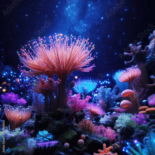 Generative AI Beautiful view of underwater plants  fish and corals at night  beautiful view of coral sea plants and fish at night  Beautiful underwater night view  marine plants  fish  coral  sea
