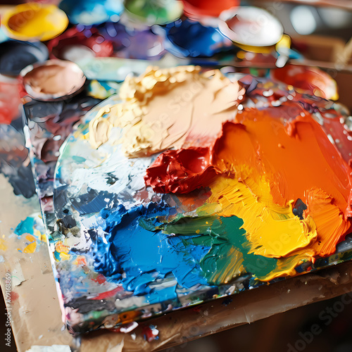 Close-up of a painter's palette with mixed colors.