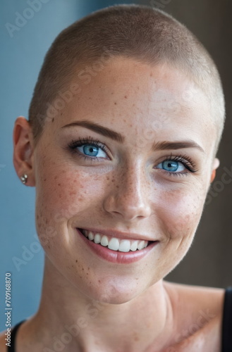 Portrait of a beautiful blonde smiling woman.Freckles, blue eyes.Very short haircut.Close-up.Authentic appearance.Fashion glamour art.